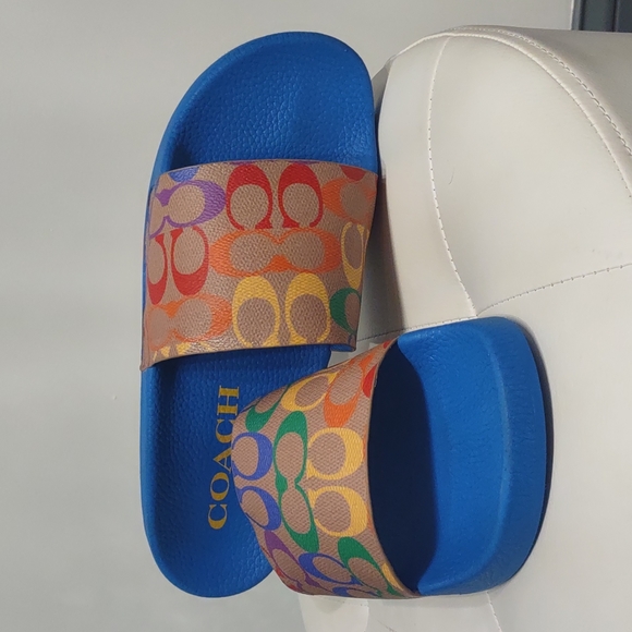 🔥Coach men's rainbow blue slides pool sandals flip-flops shoes new Logo Summer - Picture 3 of 9